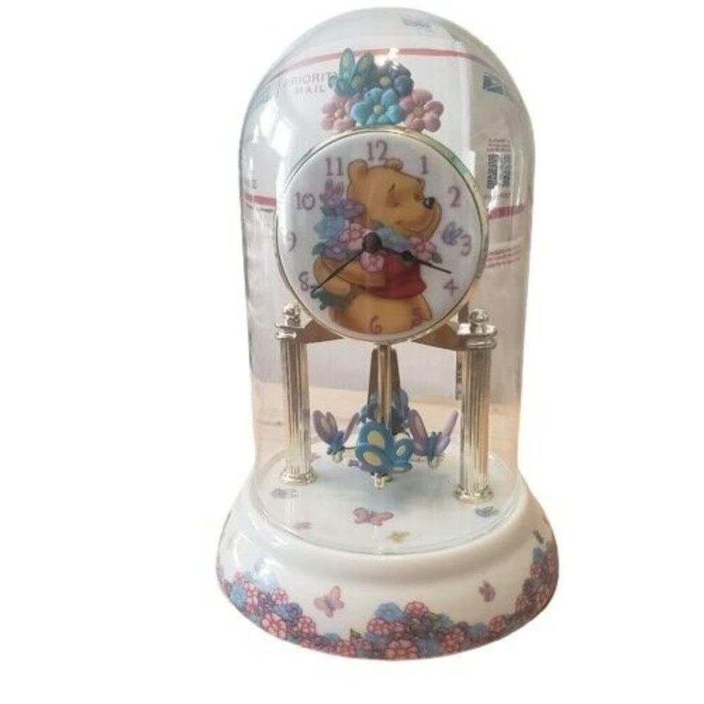 Vintage Disney Winnie The Pooh Analog Clock Glass Dome Butterfly/Floral Working